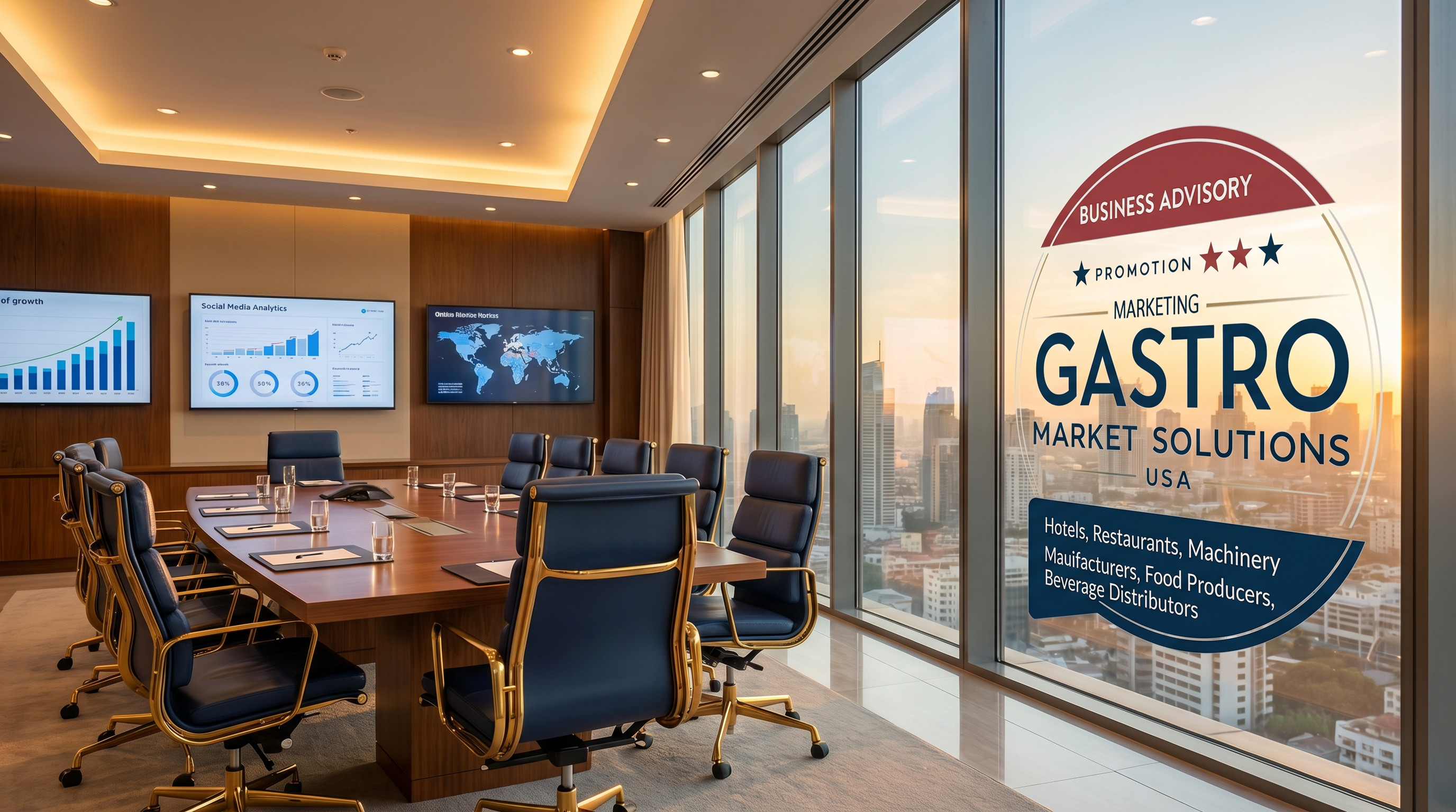 Gastro Market Solutions — Corporate boardroom with logo on glass window